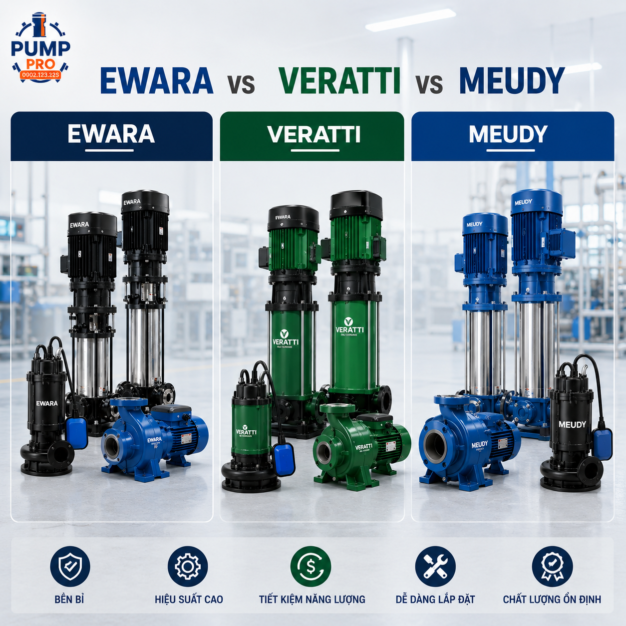so sánh bơm Ewara Veratti Meudy