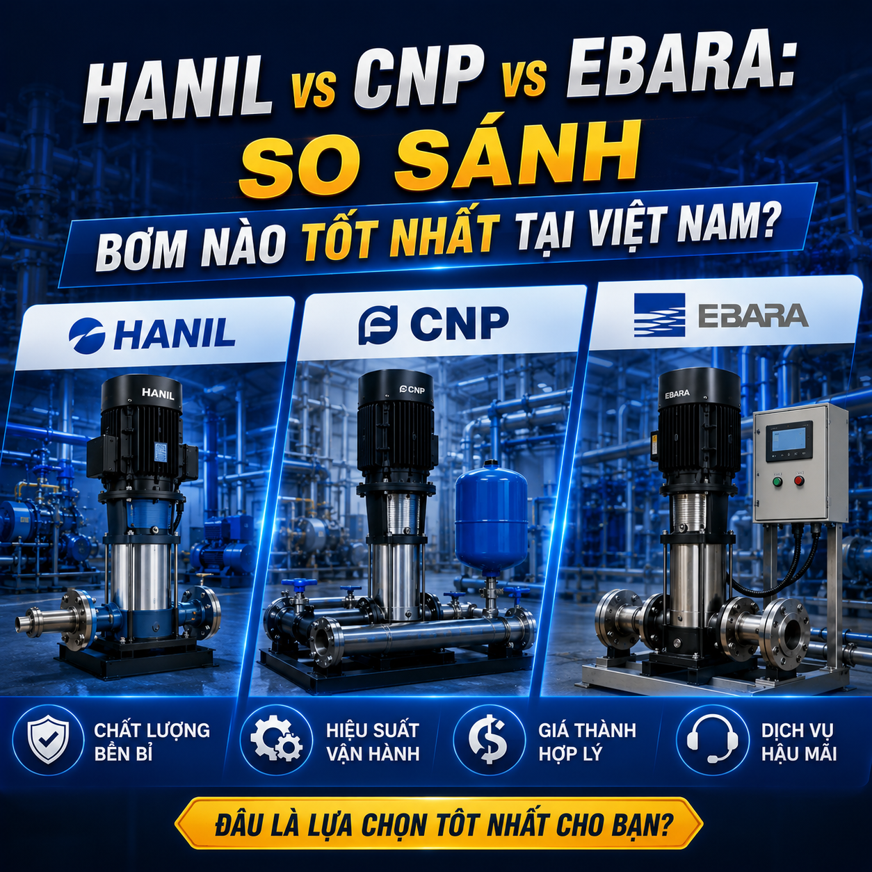 So sánh chi tiết bơm Hanil (Hàn Quốc), CNP (Trung Quốc) và Ebara (Nhật Bản)
