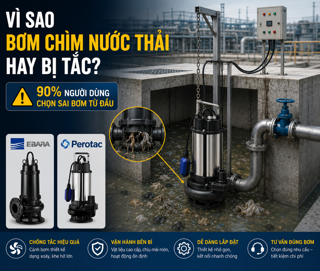 Vì sao bơm chìm nước thải hay tắc | Pump Pro