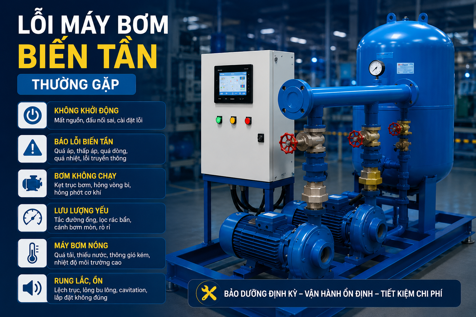 Hướng dẫn xử lý 10 lỗi máy bơm biến tần phổ biến