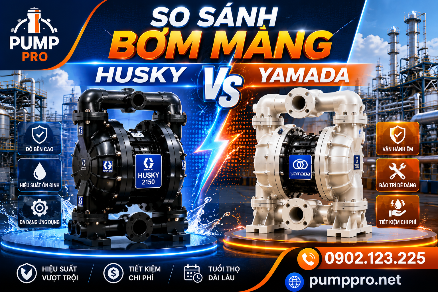 So sánh bơm màng Husky vs YAMADA