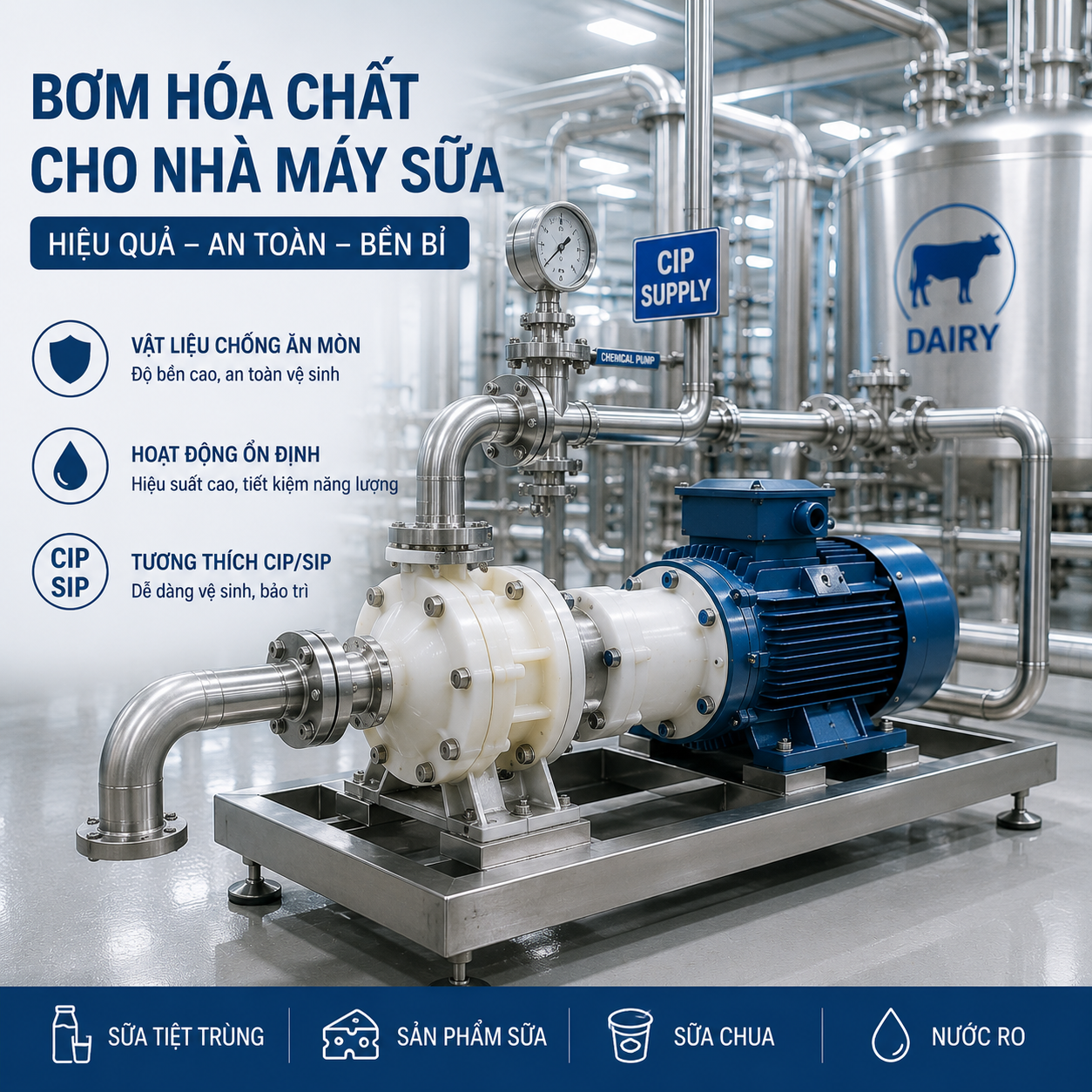 Bơm Hóa Chất Cho Nhà Máy Sữa — Giải Pháp CIP/SIP, Định Lượng Enzyme Và Vi Chất Chính Xác – Pump Pro