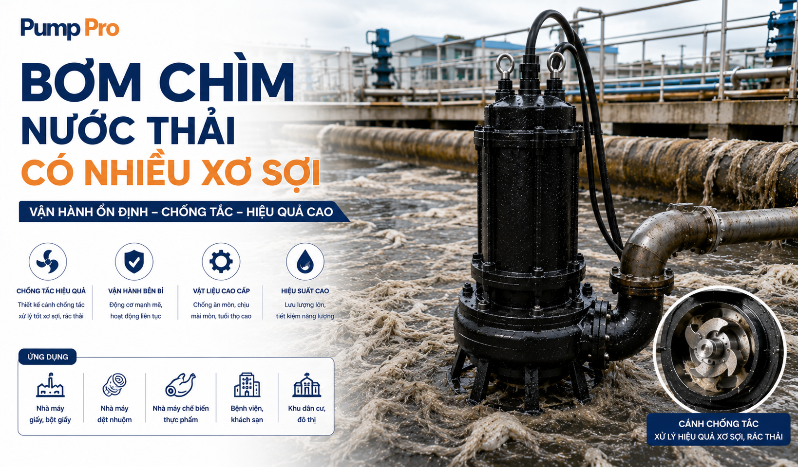bơm chìm nước thải chống tắc xơ sợi khăn ướt tóc