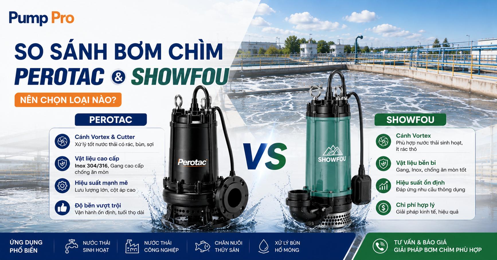 so sánh bơm chìm Perotac và ShowFou cùng dải công suất 2.2kW
