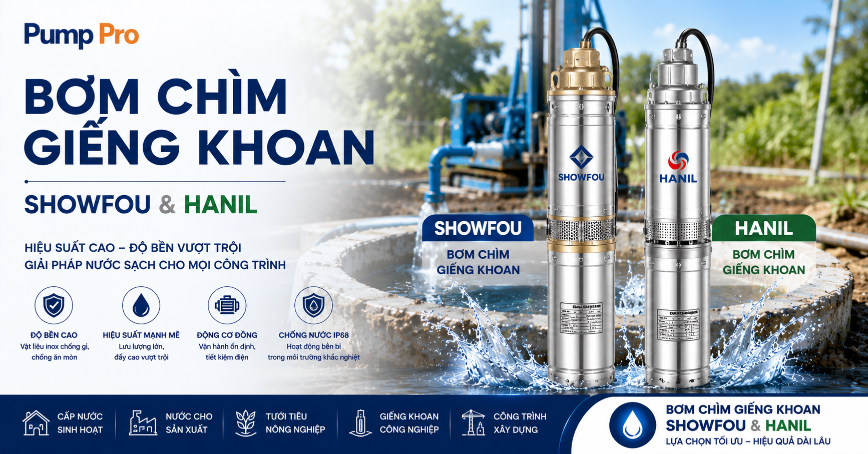 so sánh bơm chìm giếng khoan Showfou và Hanil
