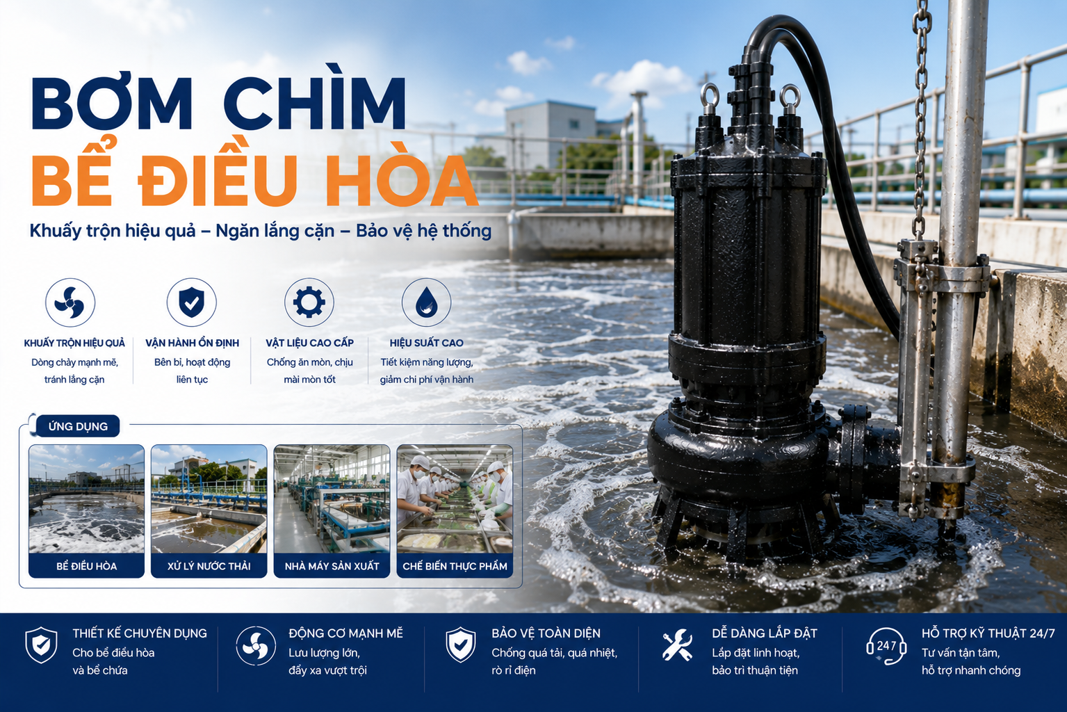Bơm chìm bể điều hòa cần điều hòa cả lưu lượng lẫn nồng độ, tránh phân tầng. Sai là sốc tải cả hệ XLNT