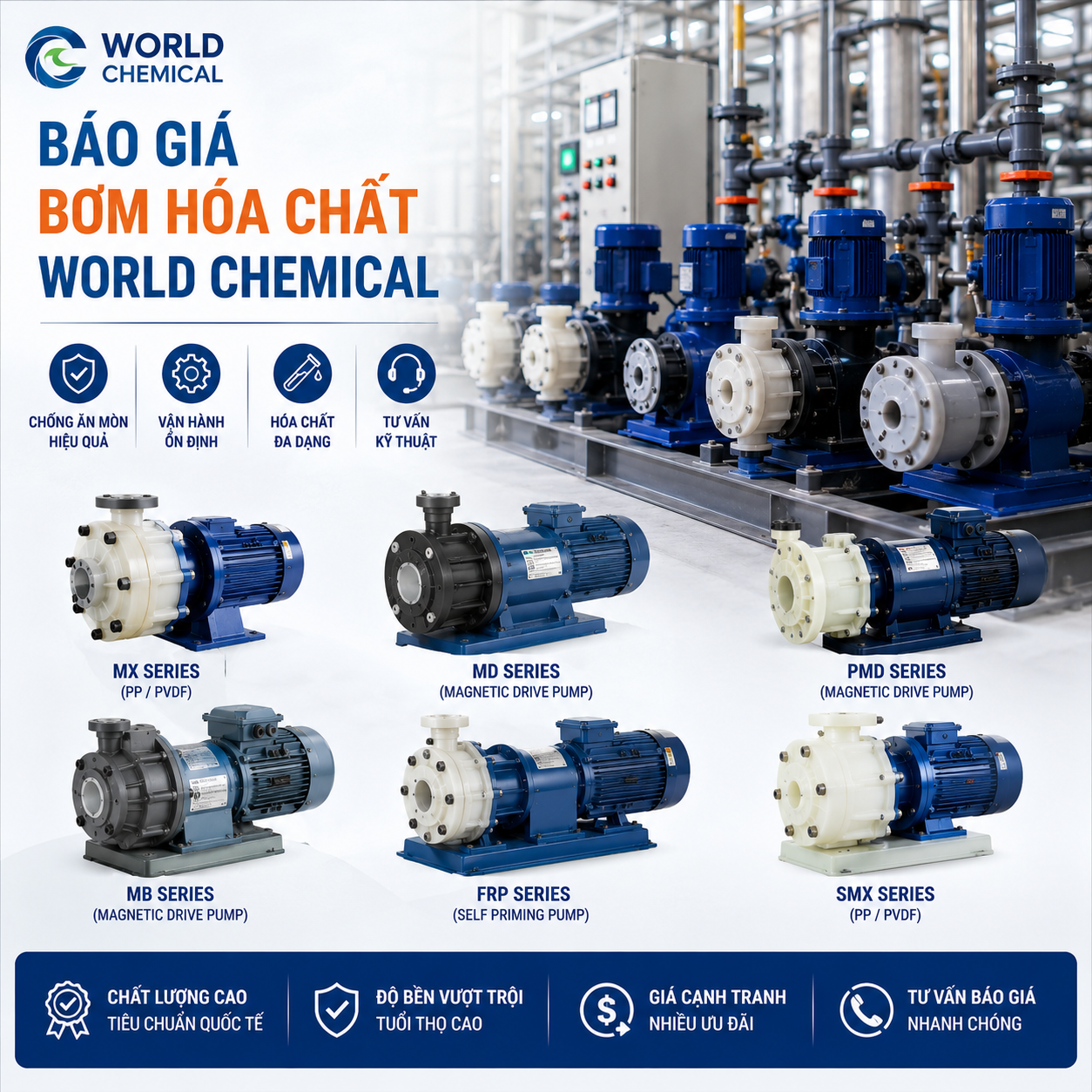Báo giá bơm hóa chất World Chemical PVDF | Pump Pro