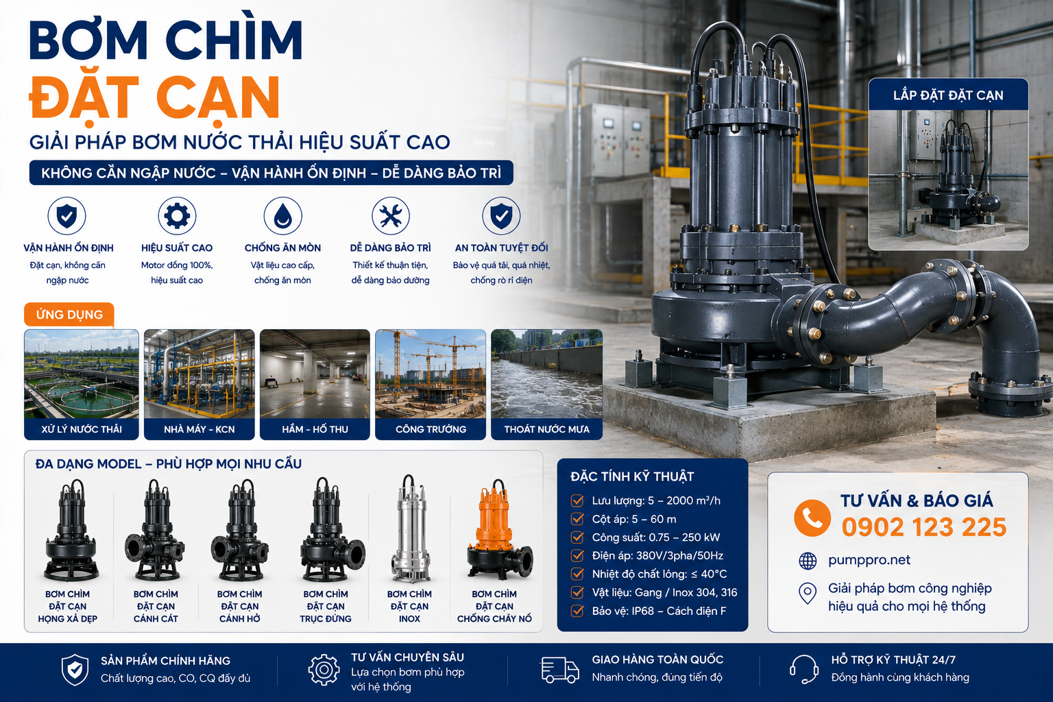 Bơm chìm đặt cạn cần áo làm mát riêng vì không ngâm trong nước.