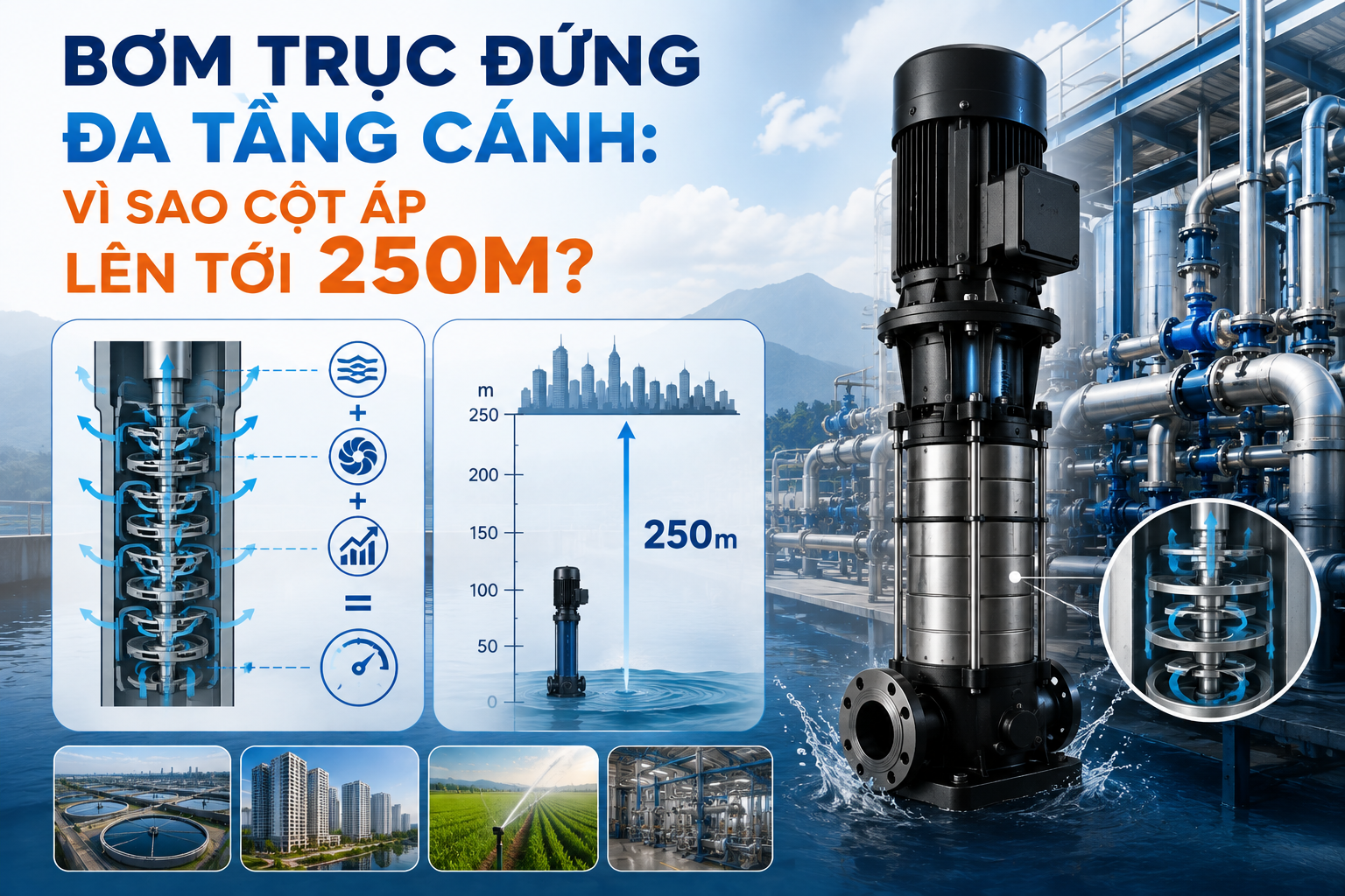 Bơm trục đứng đa tầng cánh: cột áp cao tới 250m, chịu nóng 120°C