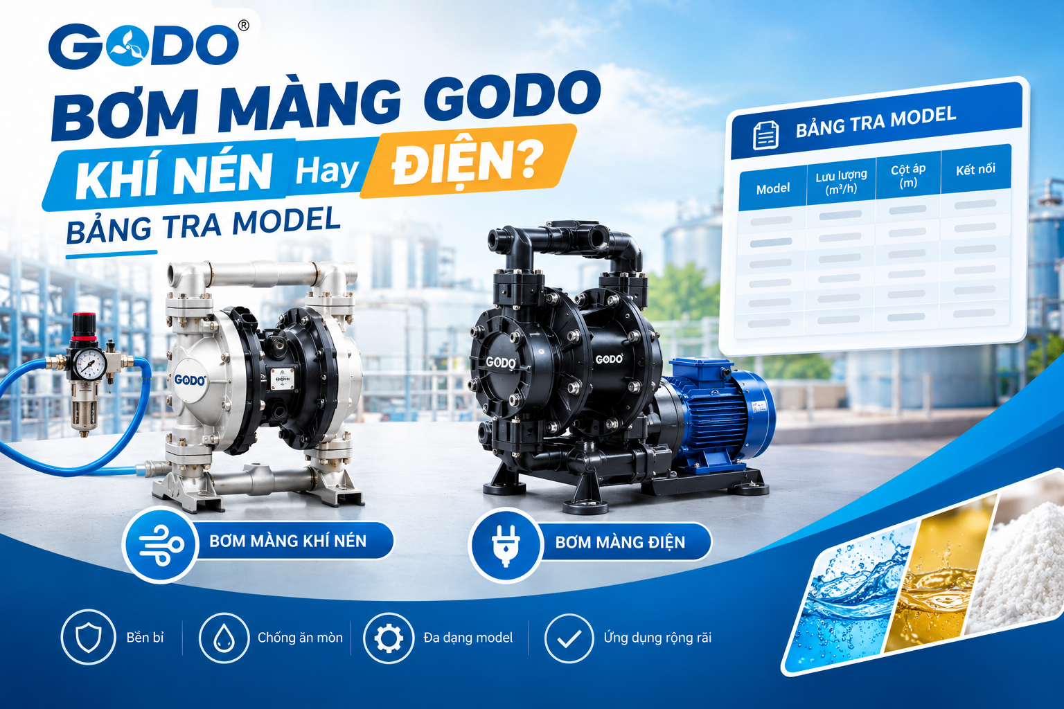 Bơm Màng Godo: Khí Nén Hay Điện? Bảng Tra Model – Pump Pro