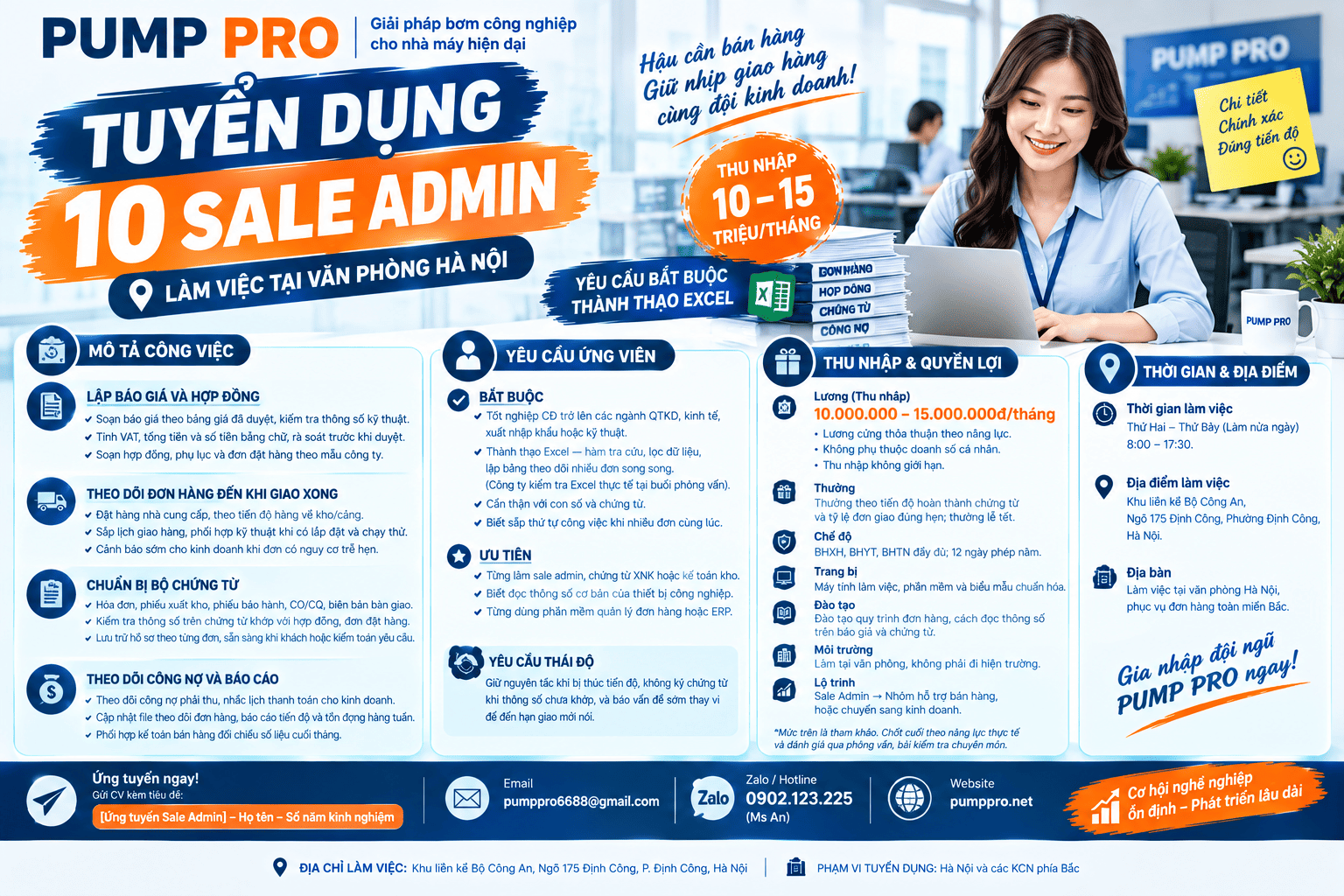 Pump Pro tuyển 10 Sale Admin làm việc tại văn phòng Hà Nội