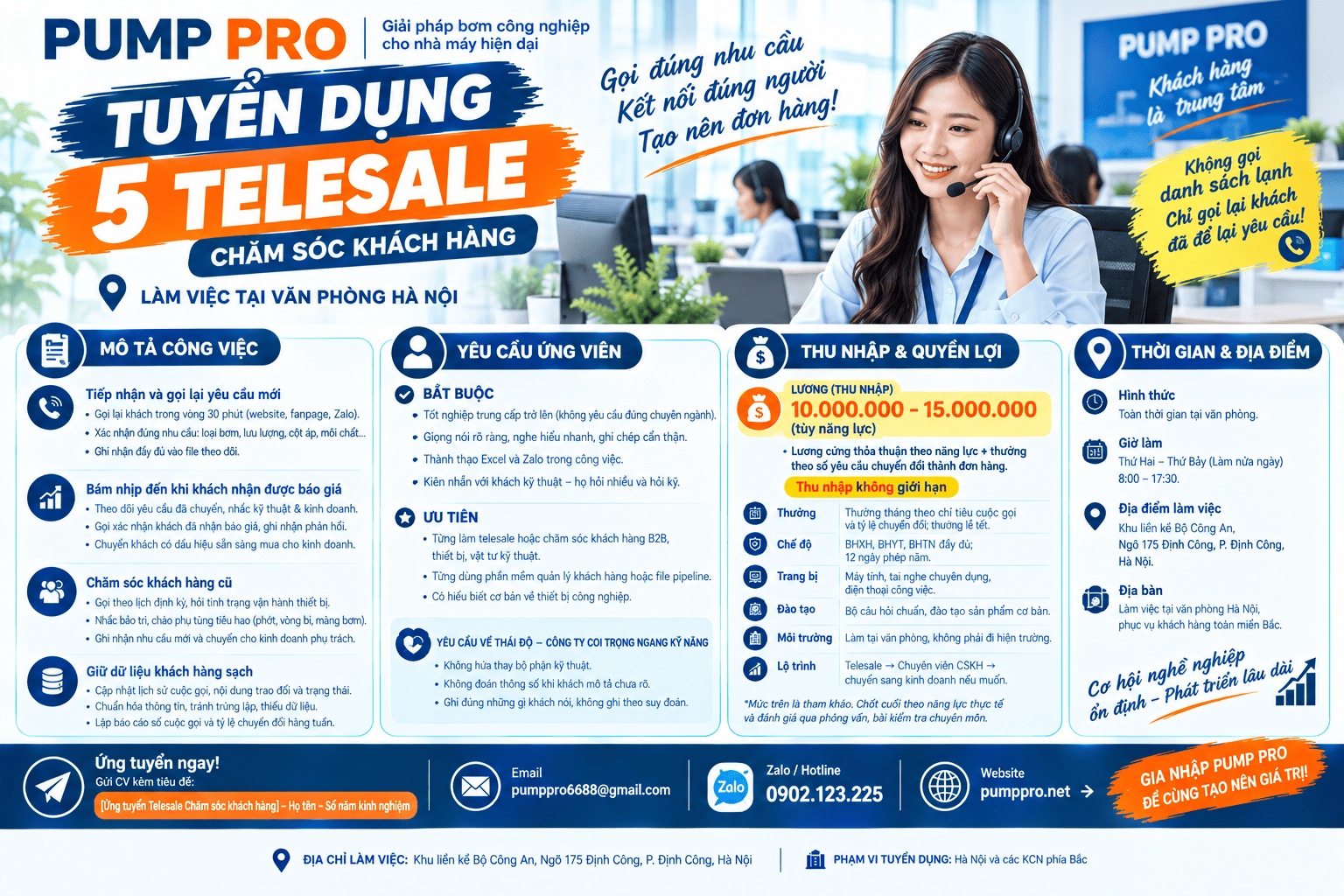 Pump Pro tuyển 5 Telesale Chăm sóc khách hàng