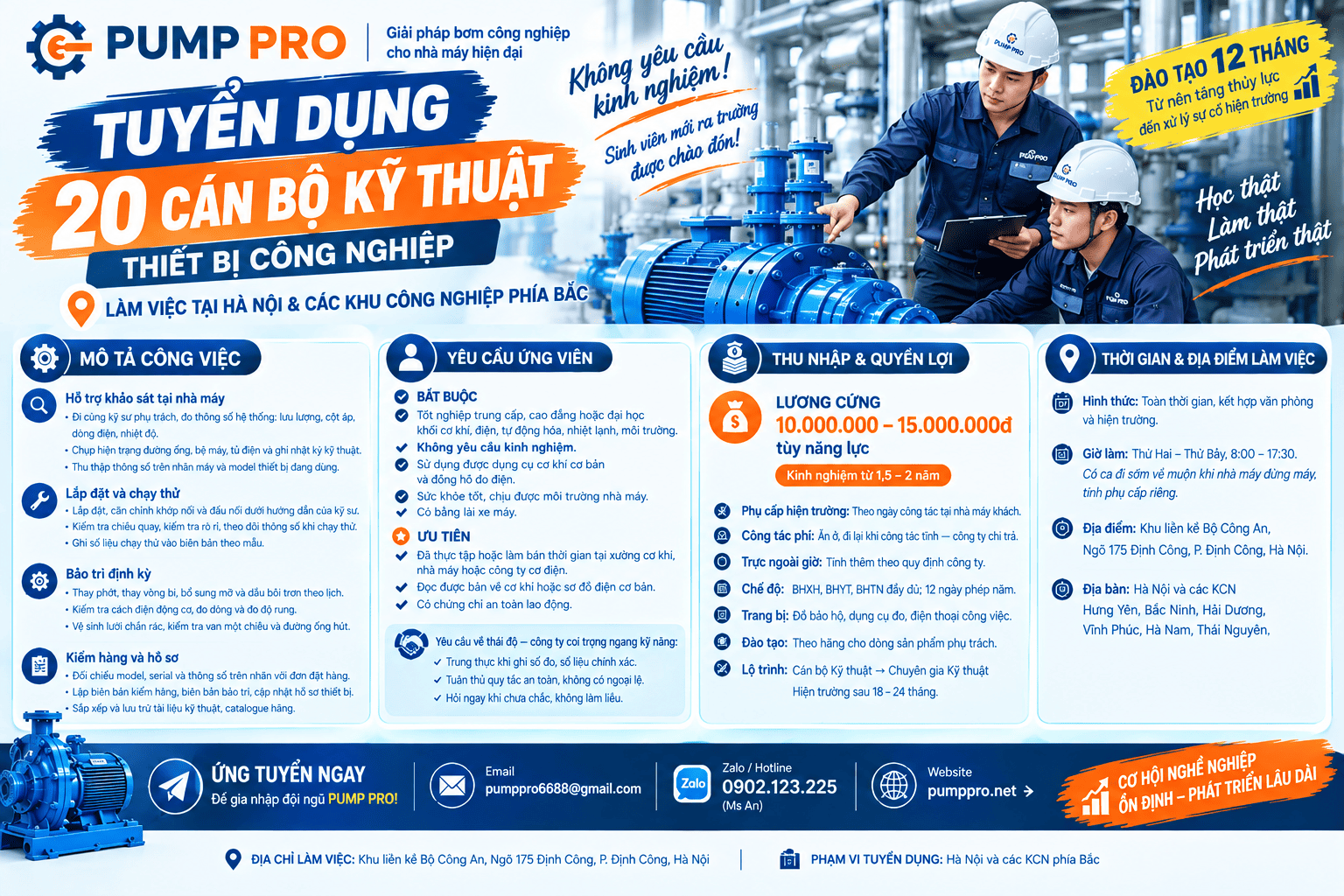 Pump Pro tuyển 20 Cán bộ Kỹ thuật Thiết bị Công nghiệp