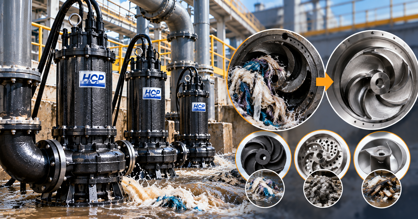 Chọn bơm chìm HCP theo cỡ vật rắn: cánh bị quấn giẻ và cánh sạch sau khi chọn đúng