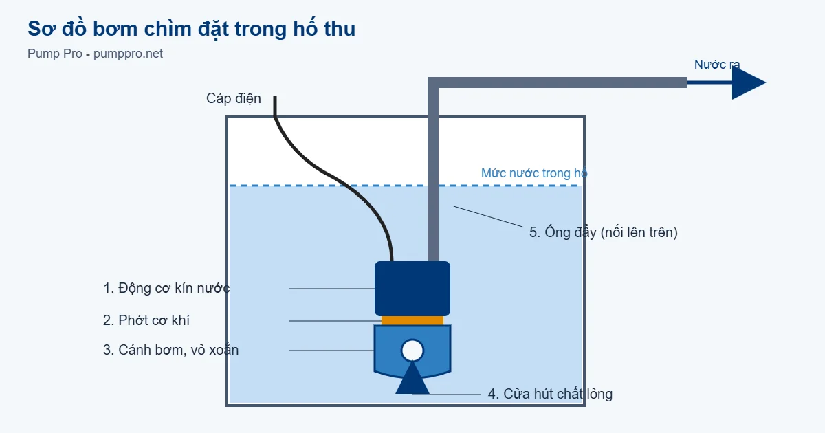 Sơ đồ bơm chìm là gì: cấu tạo và nguyên lý bơm chìm đặt trong hố thu