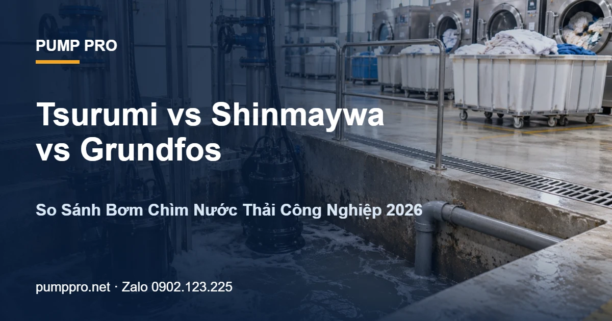 Tsurumi vs Shinmaywa vs Grundfos — So Sánh Bơm Chìm Nước Thải Công Nghiệp 2026 - Pump Pro